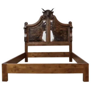 Bed cowboy style room solid wood frame with rustic cowhide panels front view