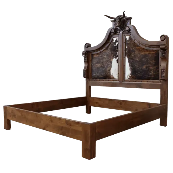 Bed cowboy style room 2 Bed cowboy style room with hand carved headboard and cowhide upholstery side view