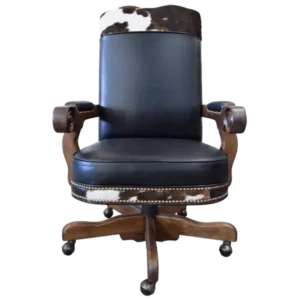 Front facing view of the callaghan office chair featuring cowhide backrest and padded leather seat
