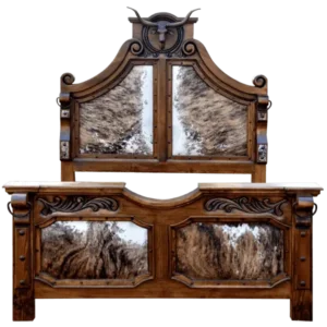 Cowboy style carved bed with bull head headboard cowhide panels and handcrafted wood finish