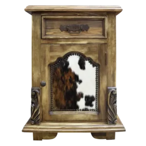 Front view of the cimarron nightstand with cowhide panel iron pull handle and carved corners
