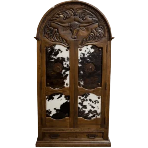 Front view of cowboy armoire two featuring genuine cowhide and a hand carved steer head with floral scrollwork