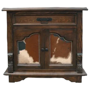 Front view of cowboy style nightstand with cowhide accents and carved wood panels