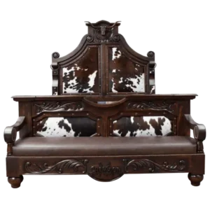 Front view of cowhide bed with champion inscription brown and white leather and solid wood frame