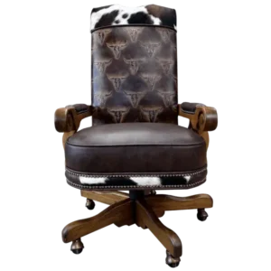 Front view of giant office chair with leather cushion bull head embossed backrest and cowhide trim