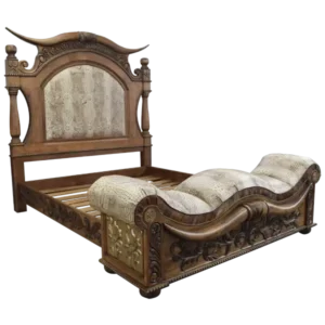 Longhorn bed exotic white crocodile embossed leather copper panels angled view highlighting the leather bench and carved frame