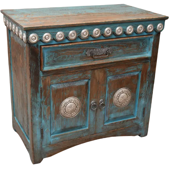 Turquoise nightstand with silver copper conchos 2 Angled view of turquoise nightstand with handcrafted silver copper conchos