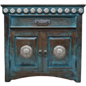 Front view of turquoise nightstand with decorative silver copper conchos
