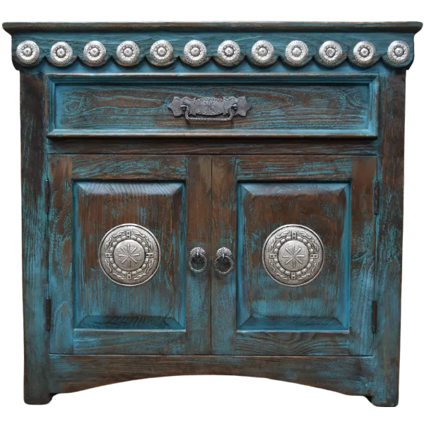 Turquoise nightstand with silver copper conchos 1 Front view of turquoise nightstand with decorative silver copper conchos