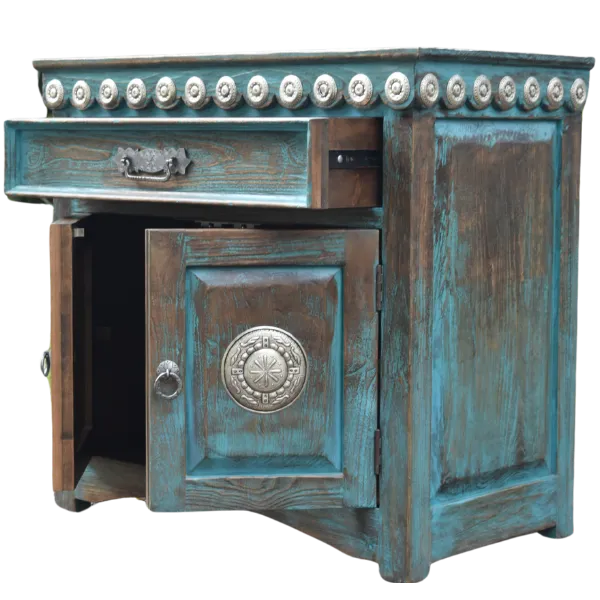 Turquoise nightstand with silver copper conchos 4 Turquoise nightstand with silver copper conchos drawer and door open view