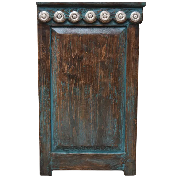 Turquoise nightstand with silver copper conchos 3 Side view of turquoise nightstand featuring silver copper conchos