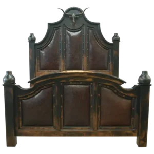 Front view of the riata bed with full grain leather upholstery hand carved posts and iron accents