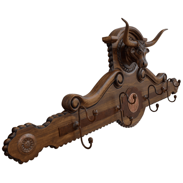 Coat rack with embossed bulls head - 82WOOD13 2 Coat rack copper and wood side