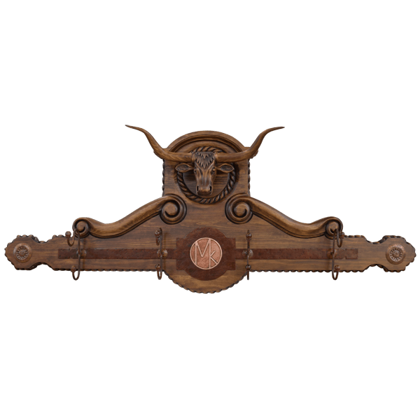 Coat rack with embossed bulls head - 82WOOD13 1 Coat rack copper and wood