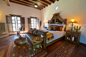 Western bedroom furniture set with carved wood and traditional style