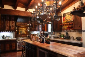 Western kitchen with artisan handcrafted cabinets and rustic details
