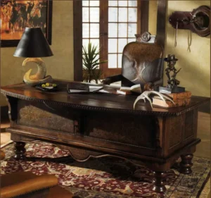 Western office desk and chair with handcrafted leather and wood elegance